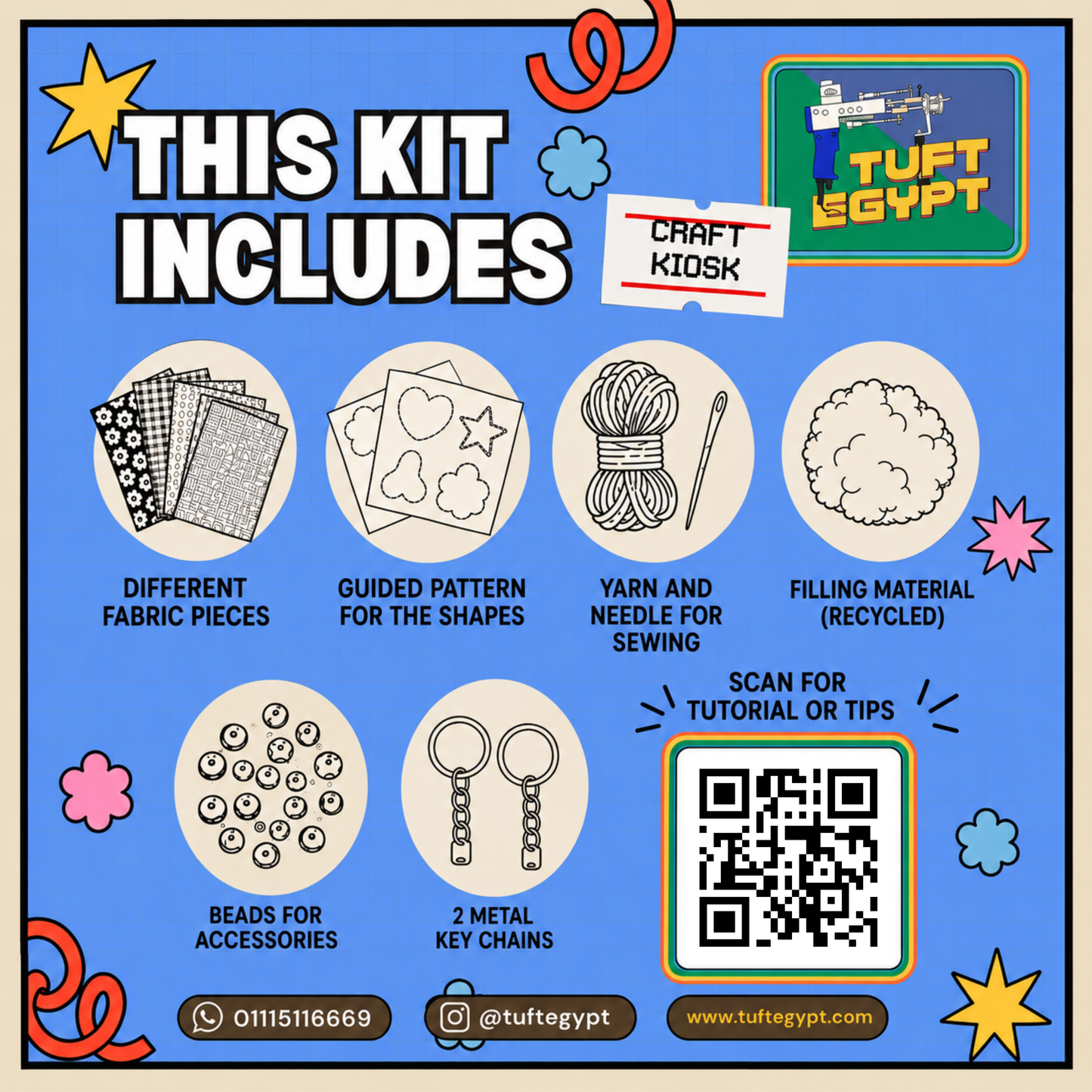 Buy a DIY Keychain Making Kit with colorful fabrics, stuffing, key rings and sewing accessories. Make unique handmade keychains with this beginner-friendly craft kit by Tuft Egypt.