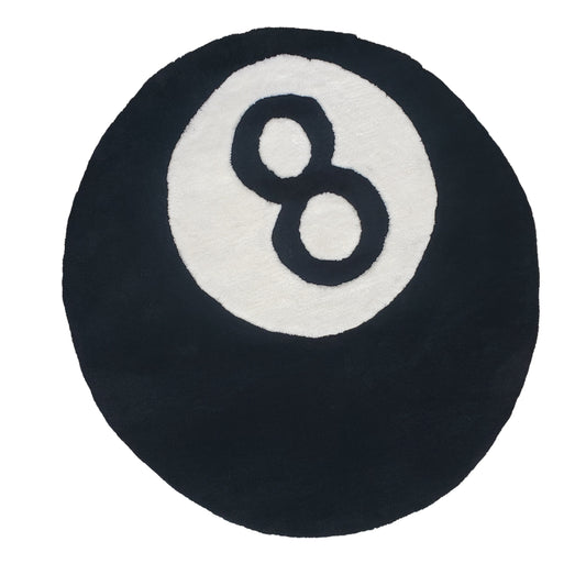 Round black rug with a white circle and number 8 on a white background