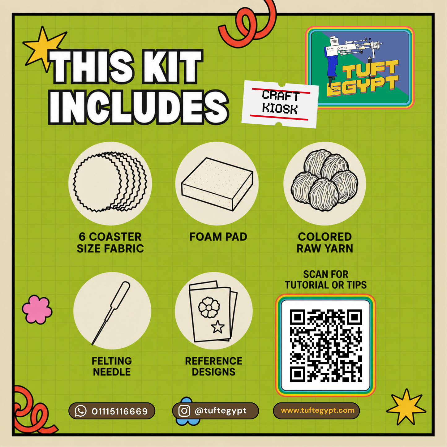 Buy a DIY Needle Felting Coaster Kit with premium wool, felting needle and foam pad. Ideal beginner craft kit to make beautiful handmade coasters by Tuft Egypt.