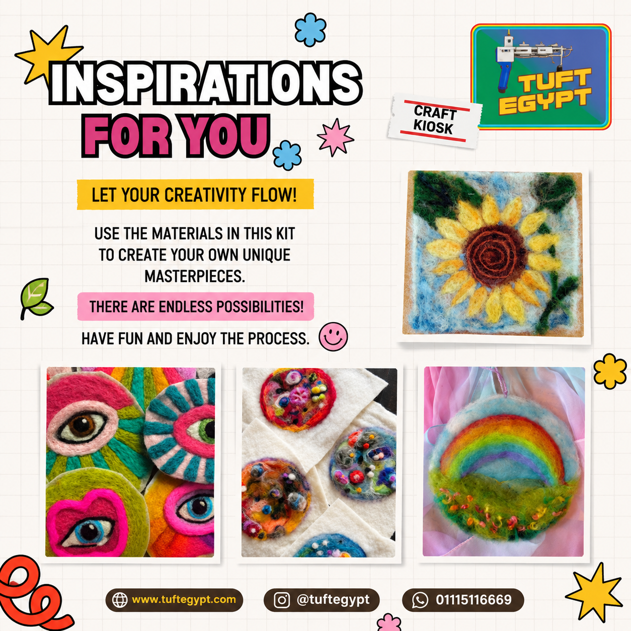 Buy a DIY Needle Felting Coaster Kit with premium wool, felting needle and foam pad. Ideal beginner craft kit to make beautiful handmade coasters by Tuft Egypt.