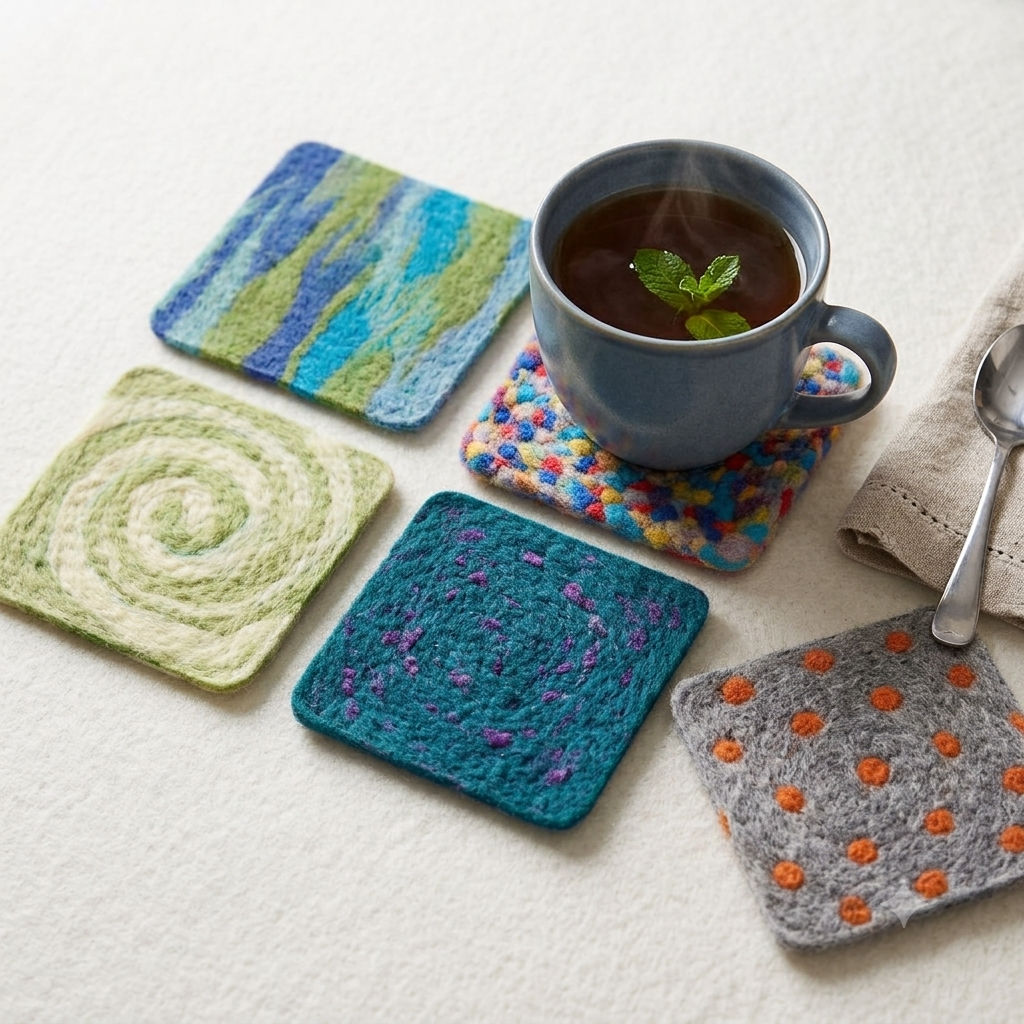 Buy a DIY Needle Felting Coaster Kit with premium wool, felting needle and foam pad. Ideal beginner craft kit to make beautiful handmade coasters by Tuft Egypt.