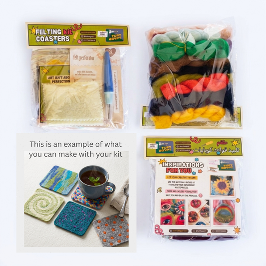 Buy a DIY Needle Felting Coaster Kit with premium wool, felting needle and foam pad. Ideal beginner craft kit to make beautiful handmade coasters by Tuft Egypt.