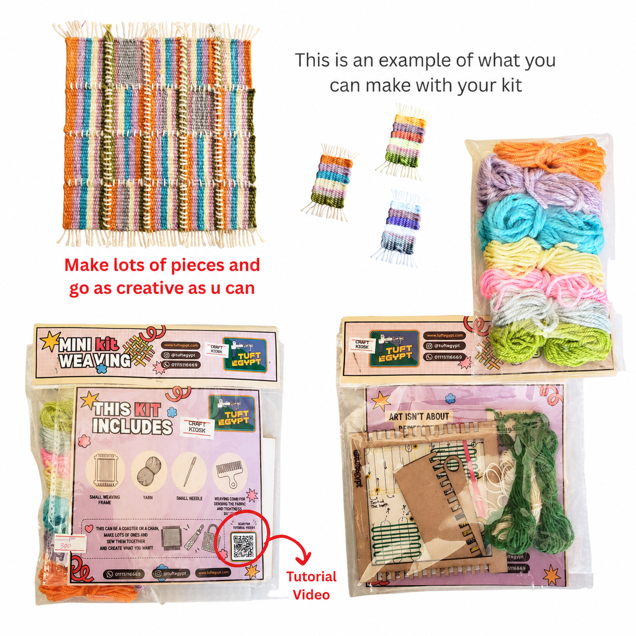 DIY Mini Weaving Kit for beginners including weaving loom, colorful yarn, needle, comb and video tutorial. Create handmade woven art with Tuft Egypt.