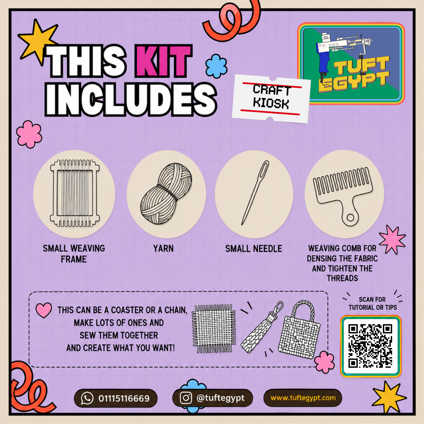 DIY Mini Weaving Kit for beginners including weaving loom, colorful yarn, needle, comb and video tutorial. Create handmade woven art with Tuft Egypt.
